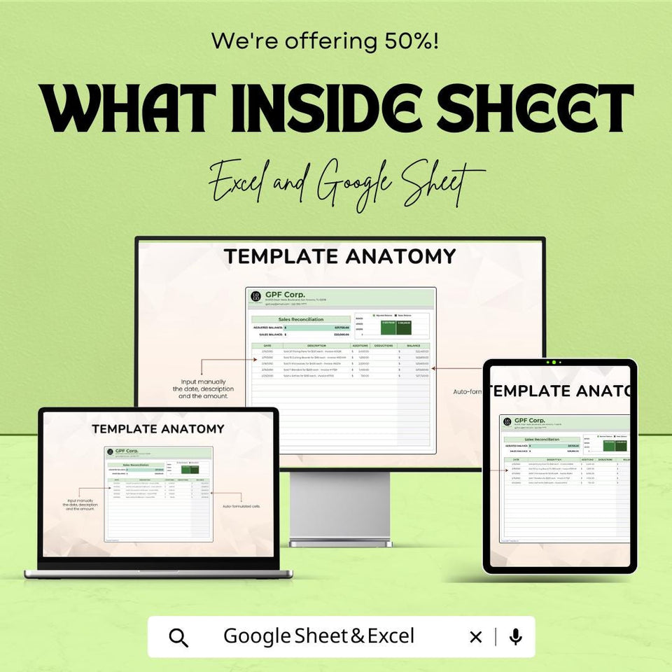 Sales Reconciliation Sheet Template for Excel and Google Sheets | Financial Management Spreadsheet | Track Sales, Additions & Deductions |