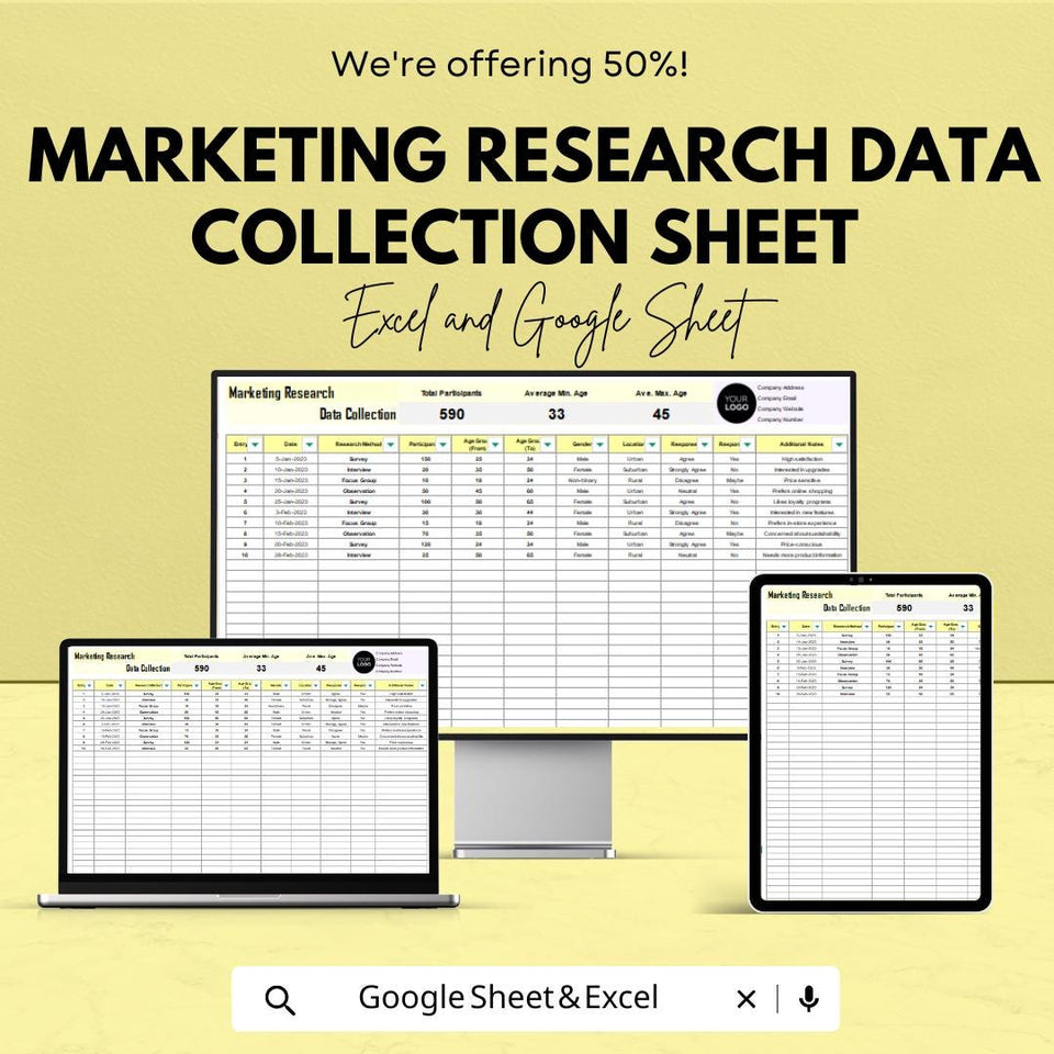 Marketing Research Data Collection Sheet | Google Sheets Template | Track Participants, Data, and Results | Easy Data Entry and Analysis