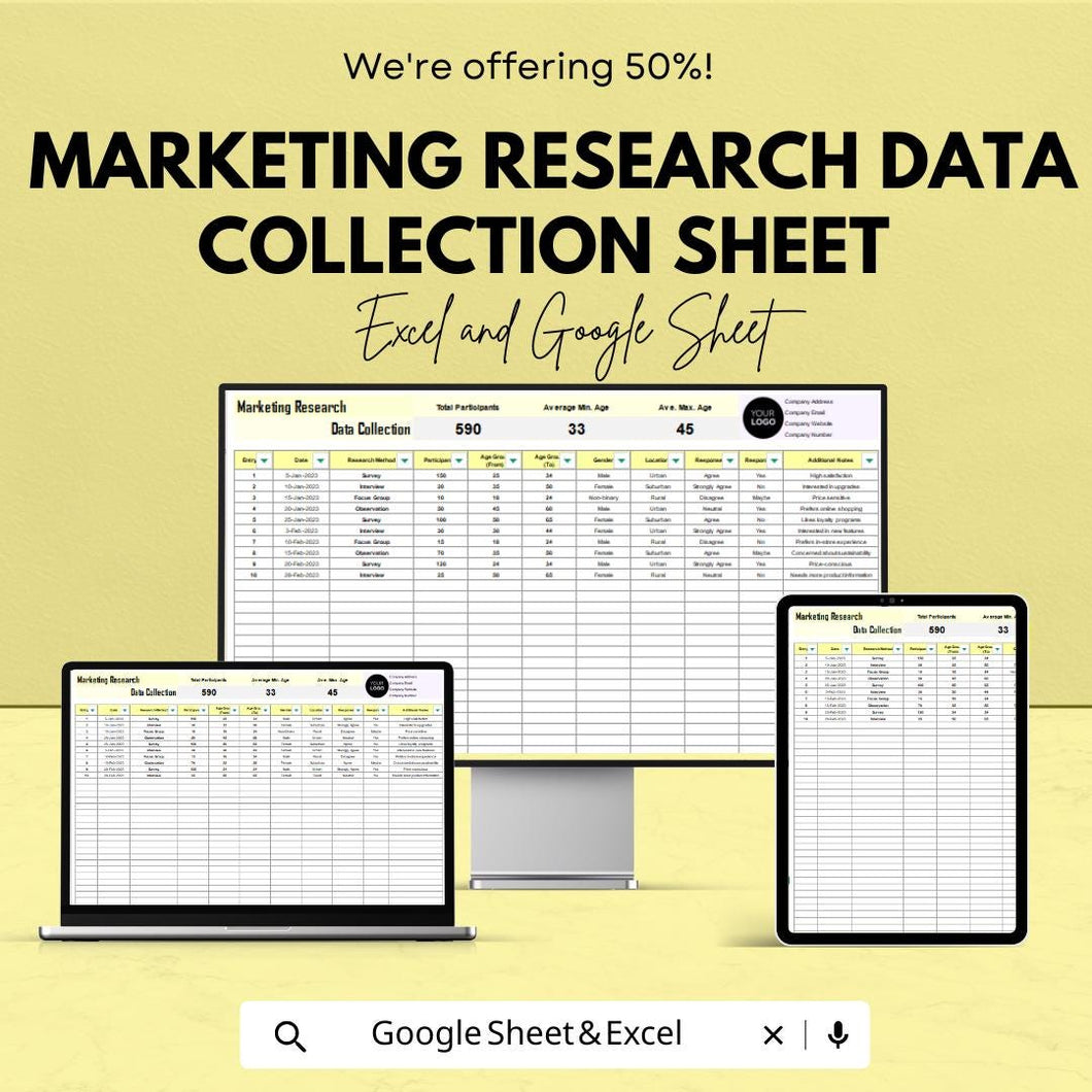 Marketing Research Data Collection Sheet | Google Sheets Template | Track Participants, Data, and Results | Easy Data Entry and Analysis