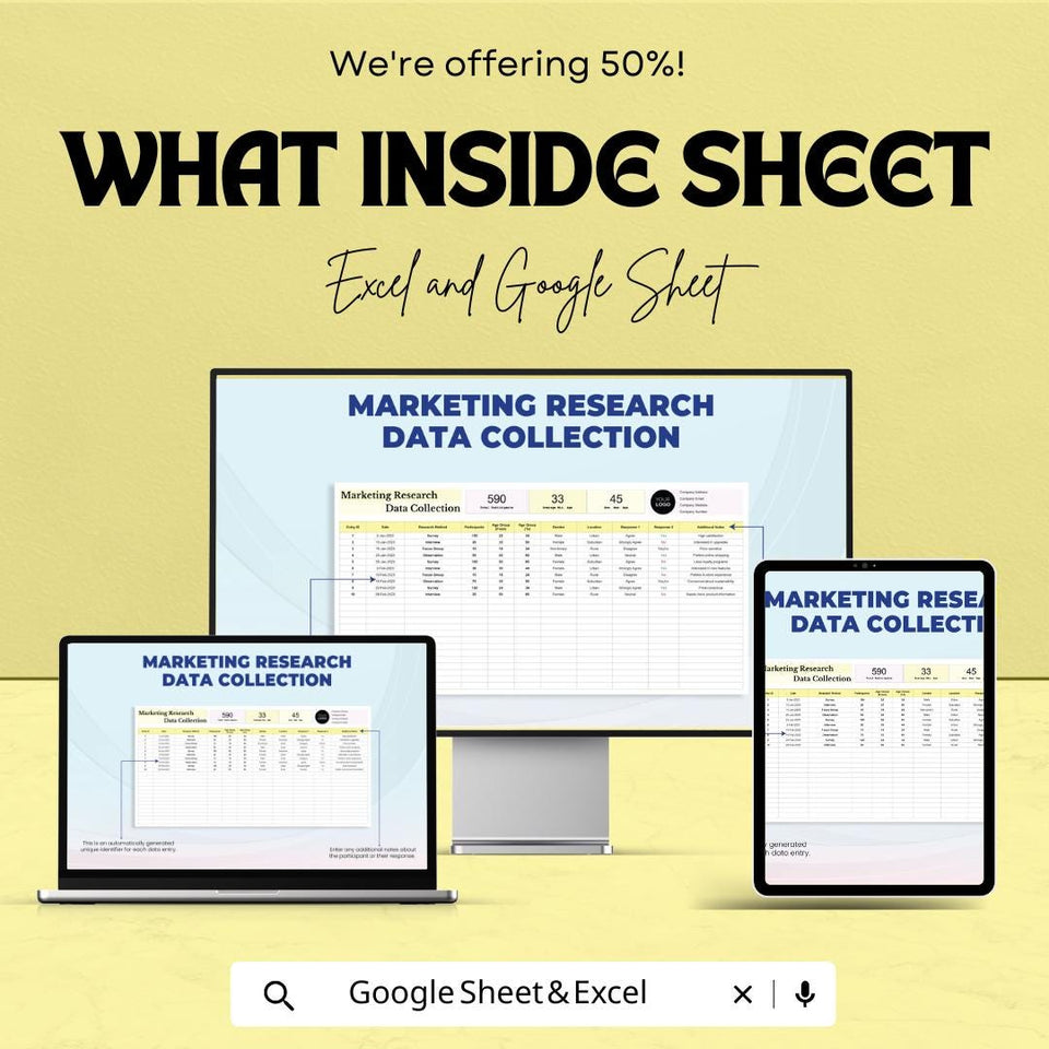 Marketing Research Data Collection Sheet | Google Sheets Template | Track Participants, Data, and Results | Easy Data Entry and Analysis
