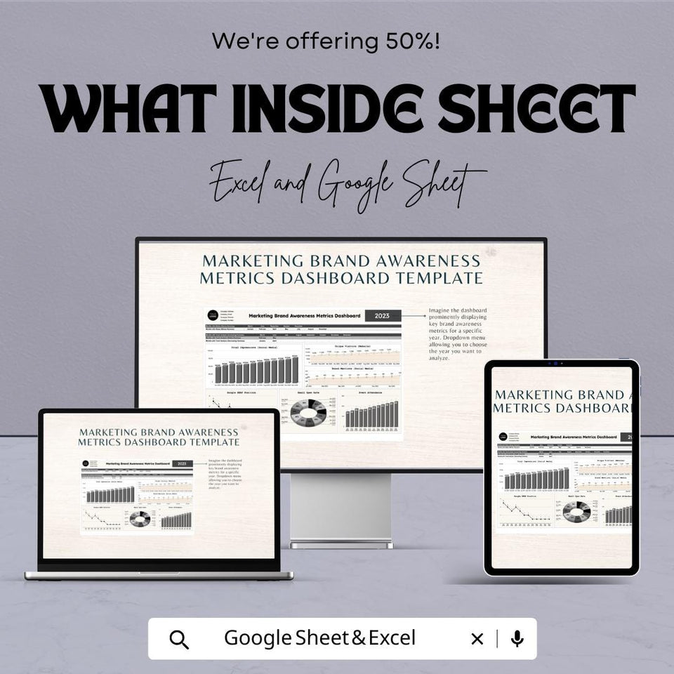Marketing Brand Awareness Metrics Dashboard | Google Sheet Template | Track social media, Website, and Email Performance | Metrics Overview
