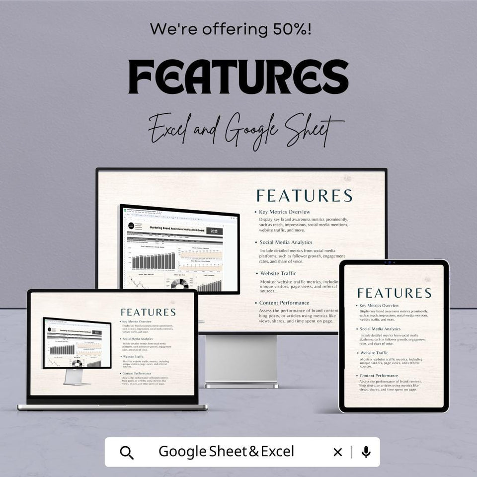 Marketing Brand Awareness Metrics Dashboard | Google Sheet Template | Track social media, Website, and Email Performance | Metrics Overview