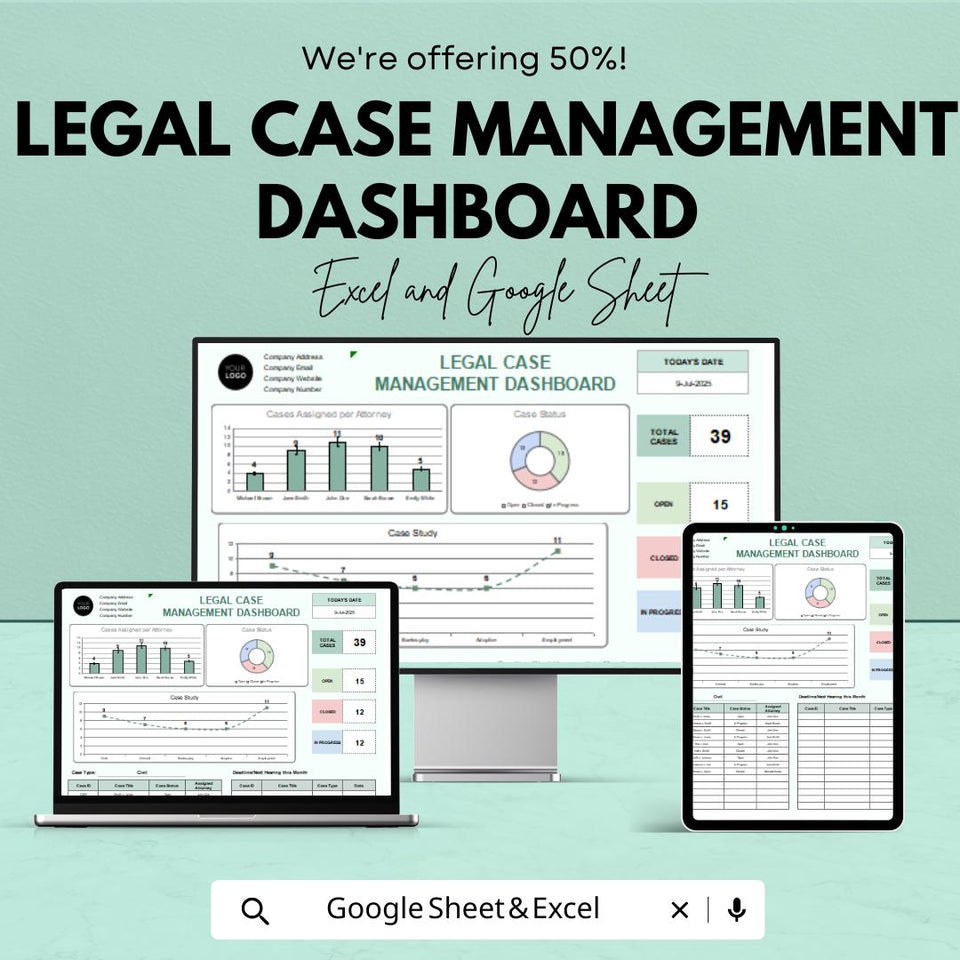Legal Case Management Dashboard Sheet | Google Sheets Template for Case Tracking | Legal Case Overview | Task & Deadline Management
