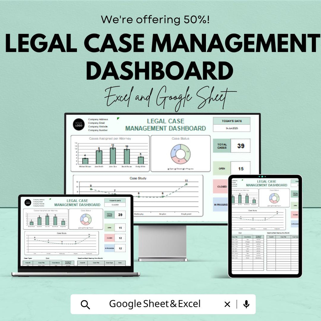 Legal Case Management Dashboard Sheet | Google Sheets Template for Case Tracking | Legal Case Overview | Task & Deadline Management