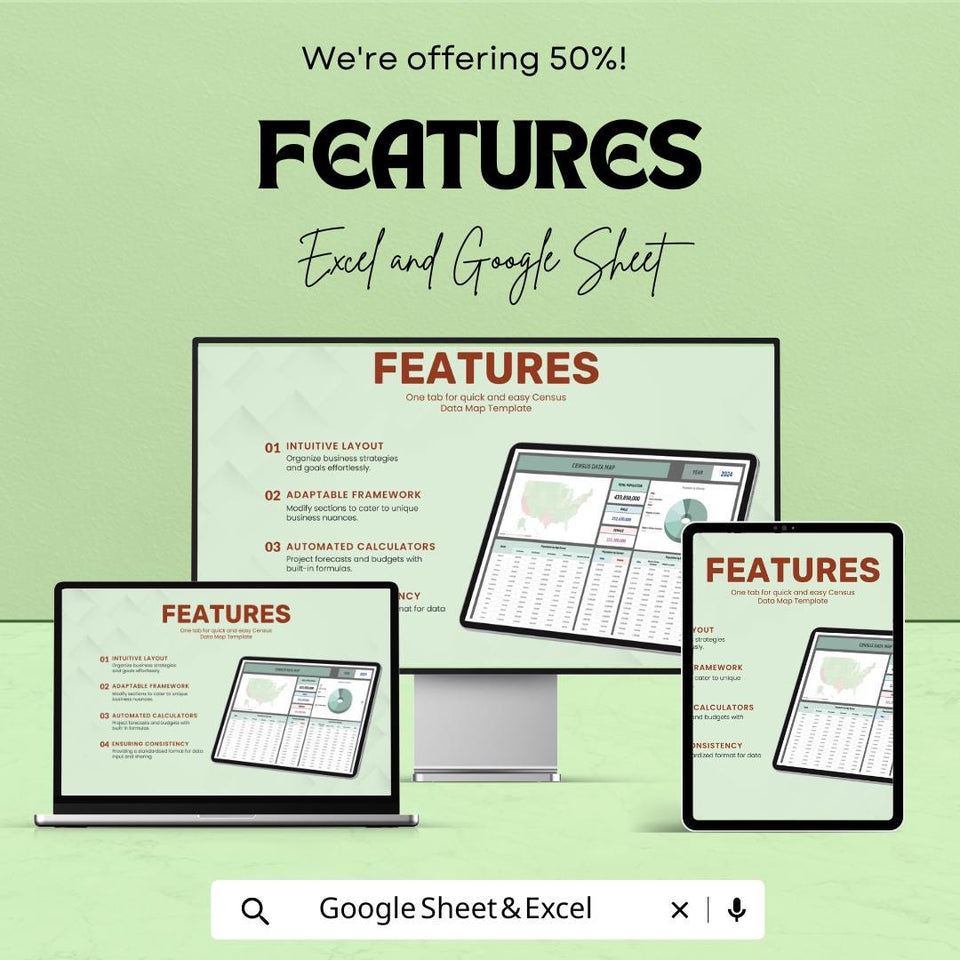 Census Data Map Sheet 2024 – US Population and Demographics Data in Excel & Google Sheets, Interactive Map Template, Easy-to-Use