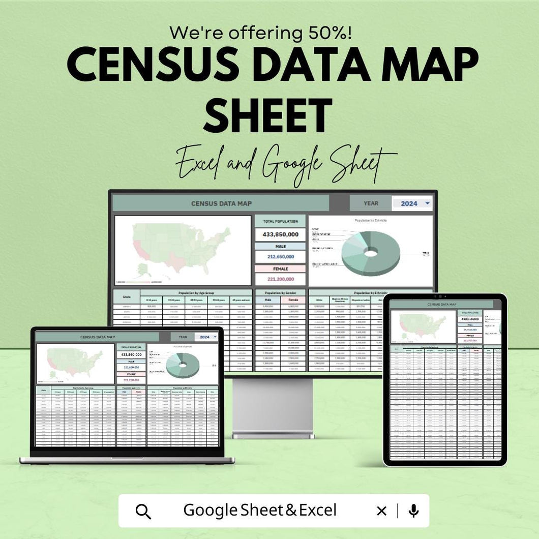 Census Data Map Sheet 2024 – US Population and Demographics Data in Excel & Google Sheets, Interactive Map Template, Easy-to-Use