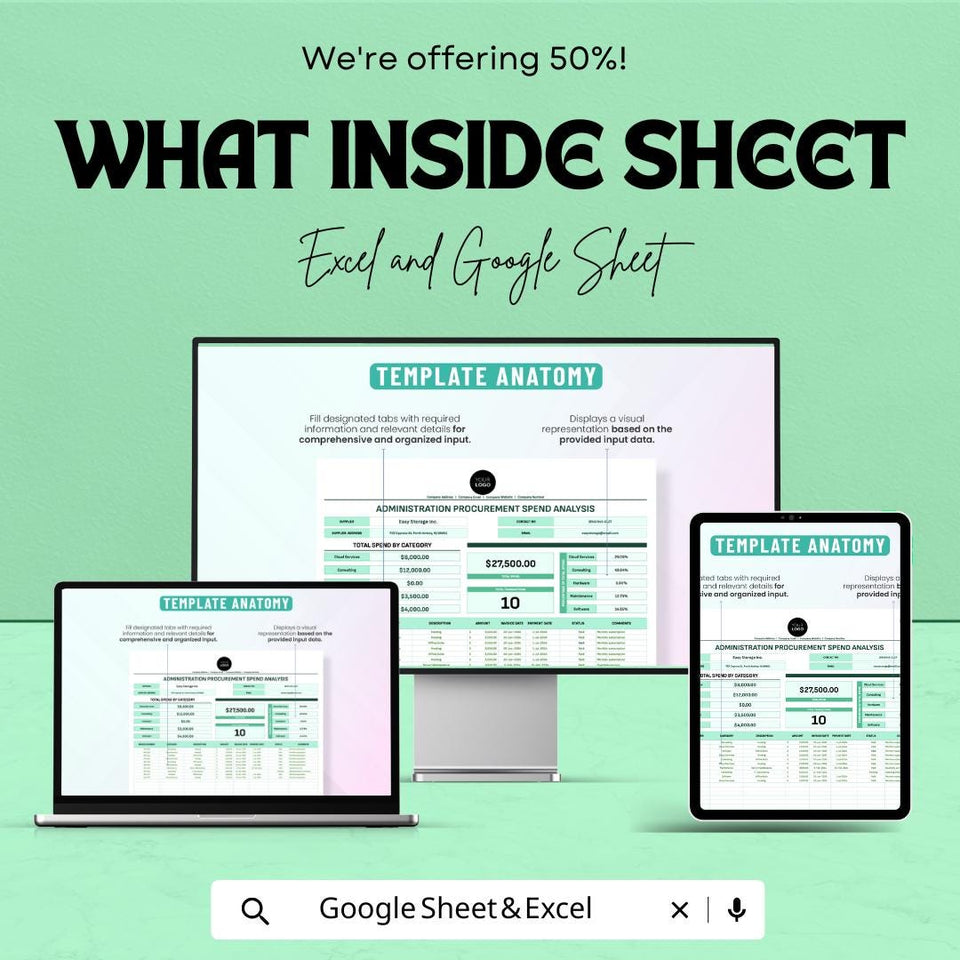 Administration Procurement Spend Analysis Sheet | Procurement | Google Sheet Template | Expense Tracker & Budget Planner for Businesses