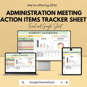 Administration Meeting Action Items Tracker Sheet | Action Item Tracker for Meetings | Task Management Spreadsheet | Meeting Planner