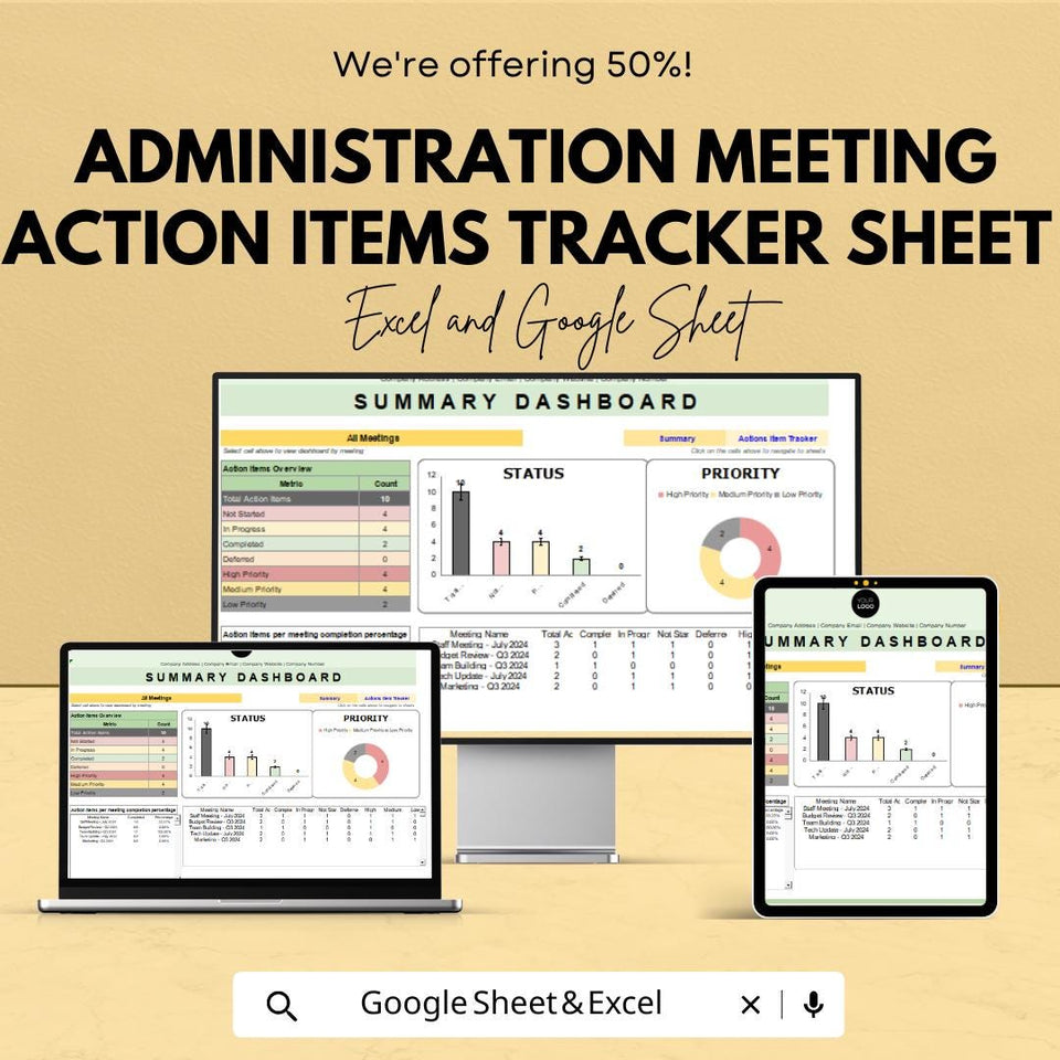Administration Meeting Action Items Tracker Sheet | Action Item Tracker for Meetings | Task Management Spreadsheet | Meeting Planner