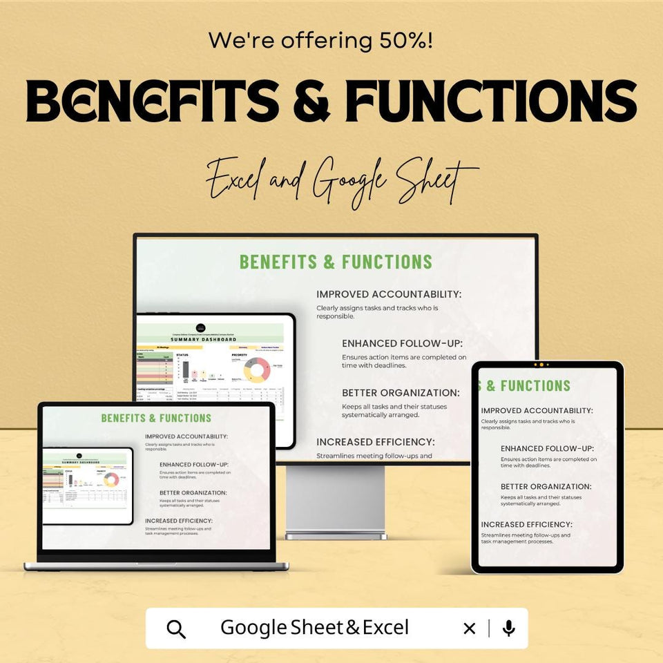 Administration Meeting Action Items Tracker Sheet | Action Item Tracker for Meetings | Task Management Spreadsheet | Meeting Planner
