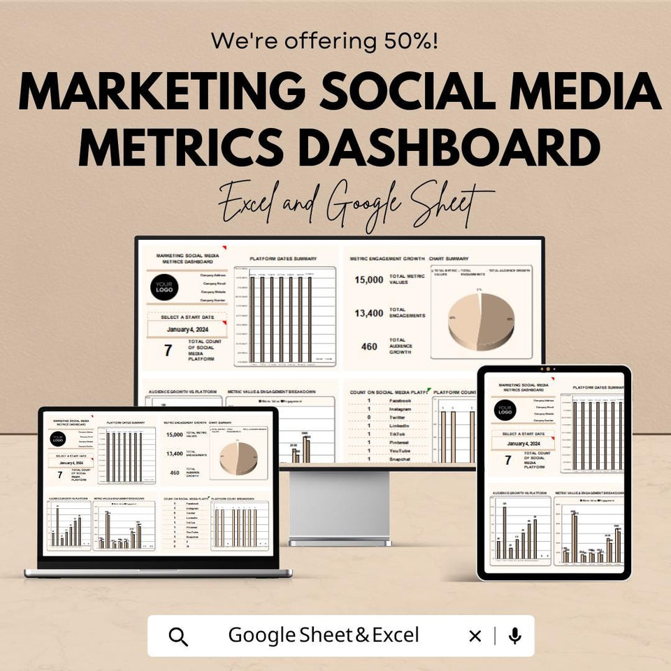 Marketing Social Media Metrics Dashboard Sheet | Excel & Google Sheets Template | Social Media Analytics | Engagement Tracker for Businesses