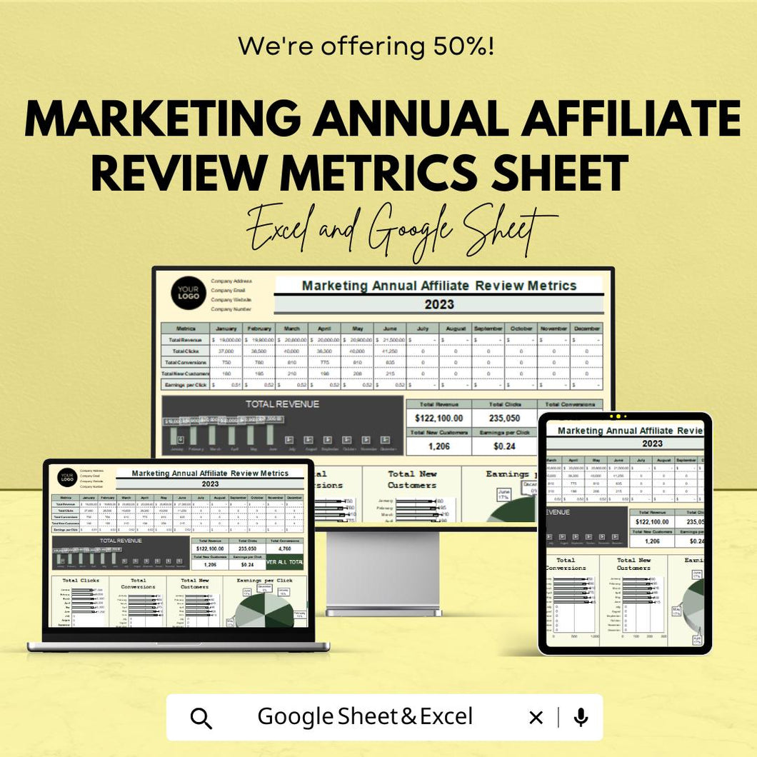 Marketing Annual Affiliate Review Metrics Sheet - Google Sheet Template for Performance Analysis & Tracking | Affiliate Program Analysis