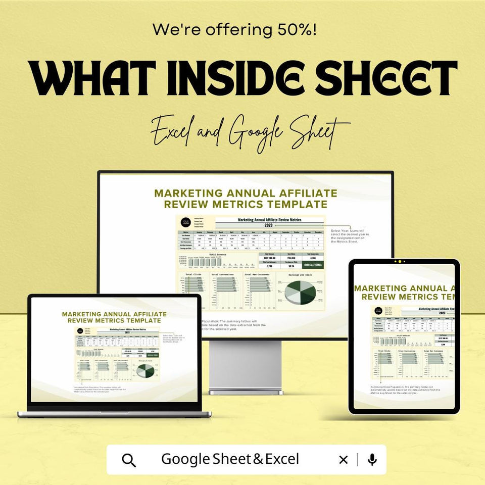 Marketing Annual Affiliate Review Metrics Sheet - Google Sheet Template for Performance Analysis & Tracking | Affiliate Program Analysis