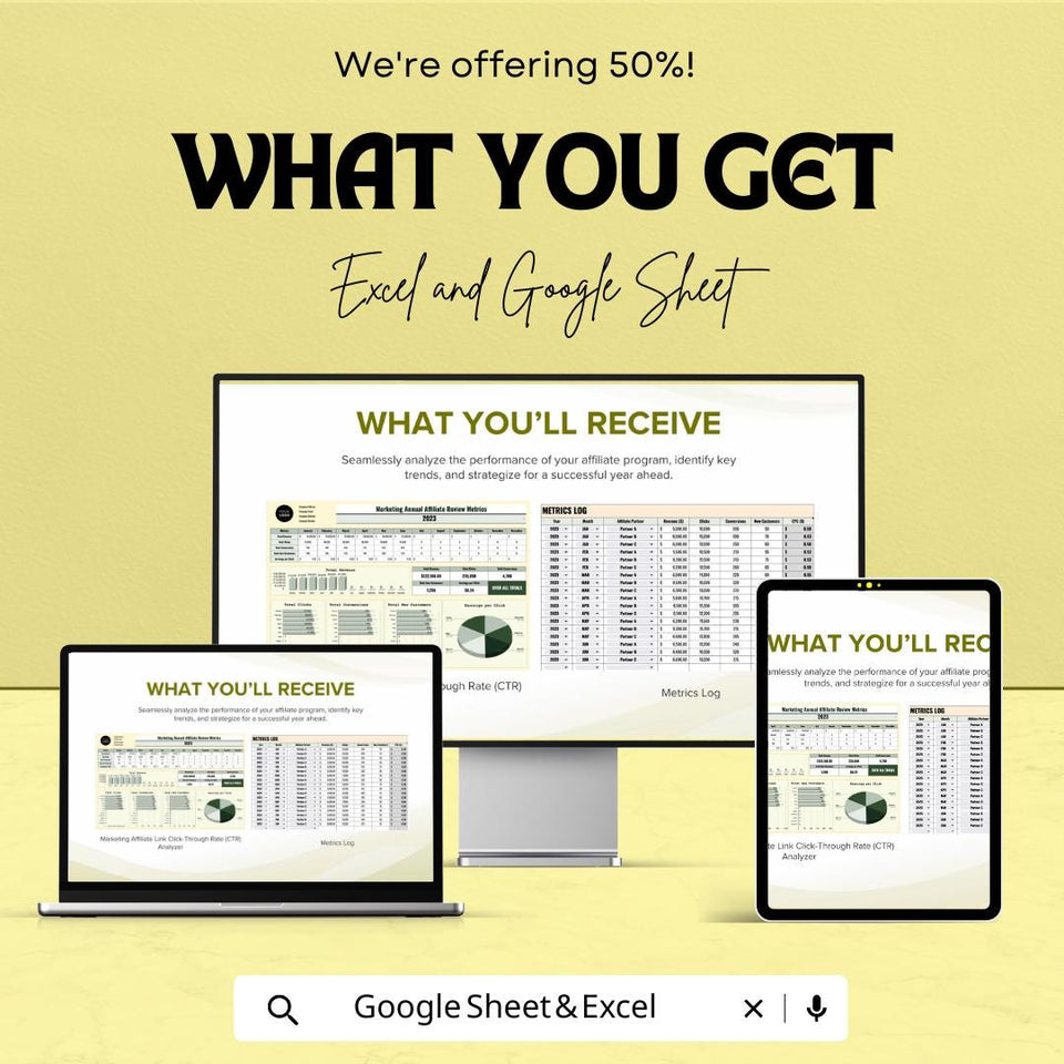 Marketing Annual Affiliate Review Metrics Sheet - Google Sheet Template for Performance Analysis & Tracking | Affiliate Program Analysis
