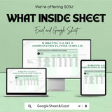 Marketing Salary & Compensation Planner - Excel and Google Sheet Template for HR, Salary Structures, Employee Compensation, and Bonuses