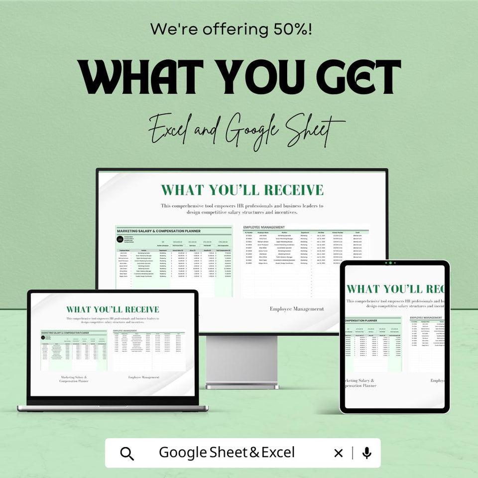 Marketing Salary & Compensation Planner - Excel and Google Sheet Template for HR, Salary Structures, Employee Compensation, and Bonuses
