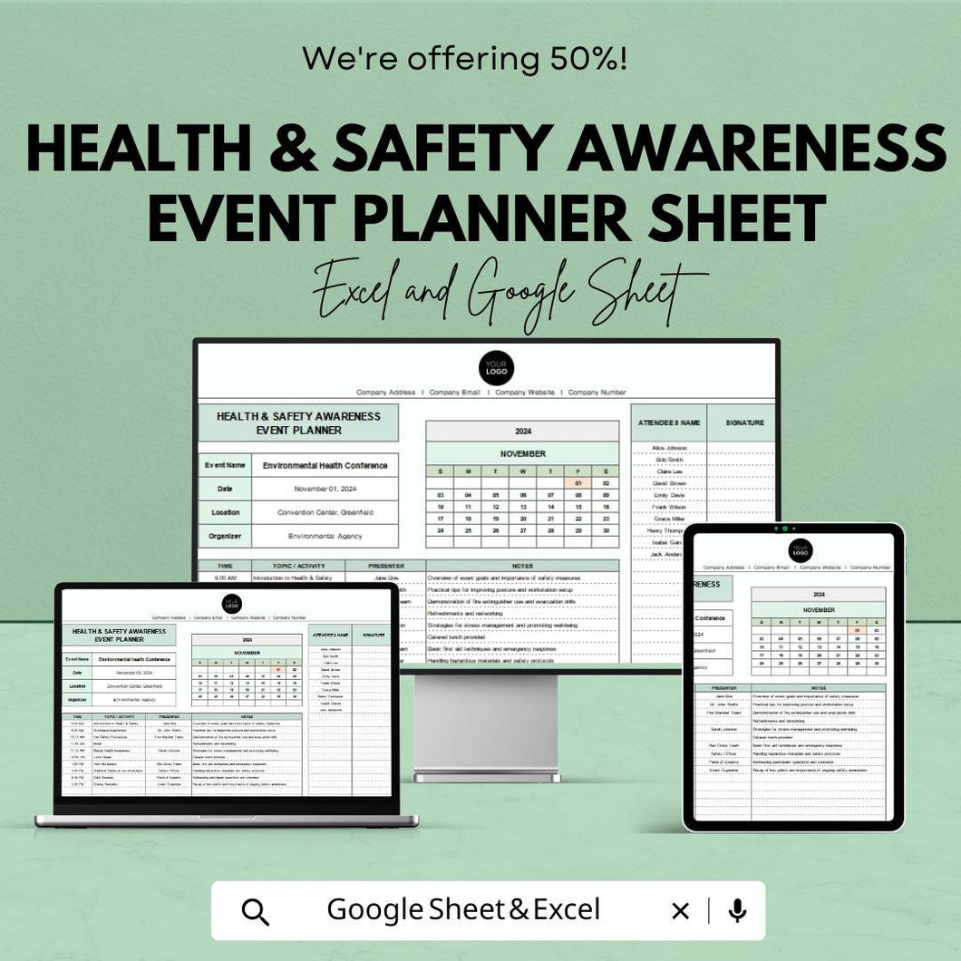Health & Safety Awareness Event Planner Sheet | Google Sheet | Event Planning Template | Health Safety Management | Google Sheets and Excel