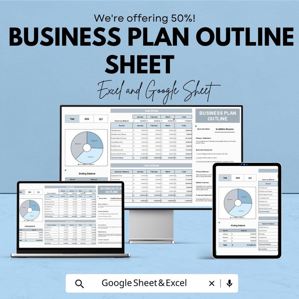 Business Plan Outline Sheet - Excel & Google Sheet Template - Financial Planning, Cash Flow Tracker, Startup Business Plan, Budget Planner