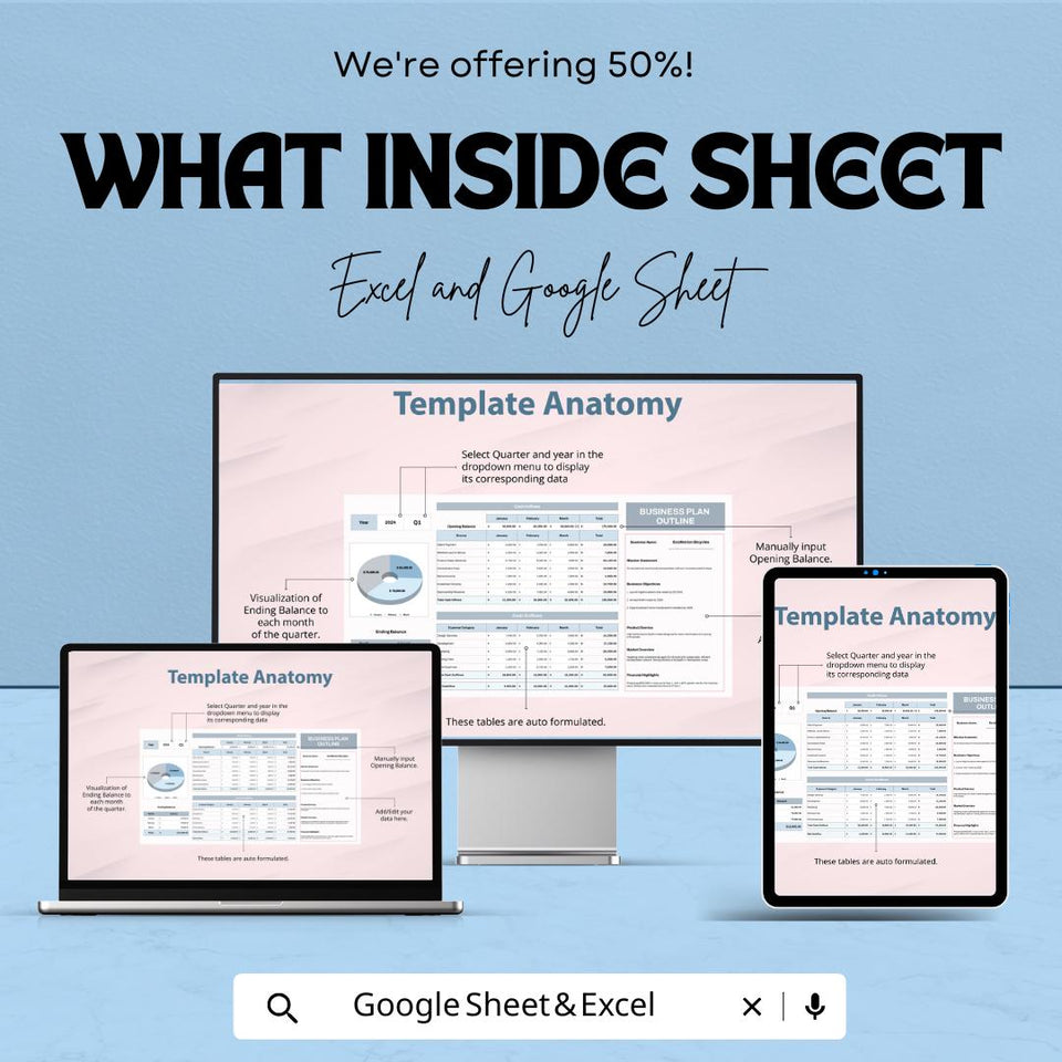 Business Plan Outline Sheet - Excel & Google Sheet Template - Financial Planning, Cash Flow Tracker, Startup Business Plan, Budget Planner