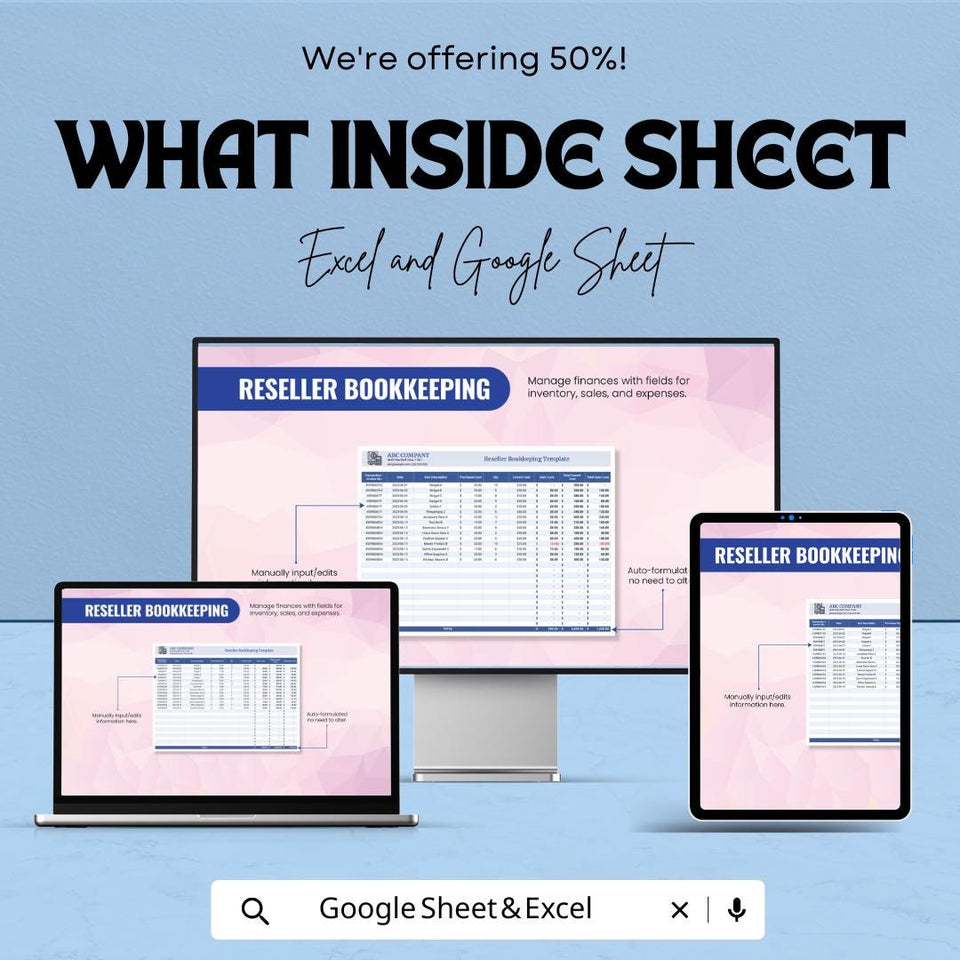 Reseller Bookkeeping Template - Google Sheet , Sales, and Profit Tracking | Accounting Dashboard for Resellers | Inventory Management