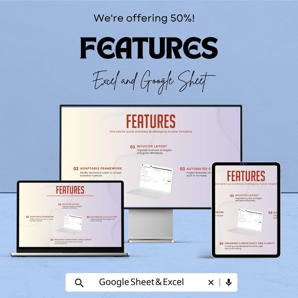 Bookkeeping Invoice Template – Excel and Google Sheet for Easy Tracking | Invoice & Payment Management, Customizable and Professional Design