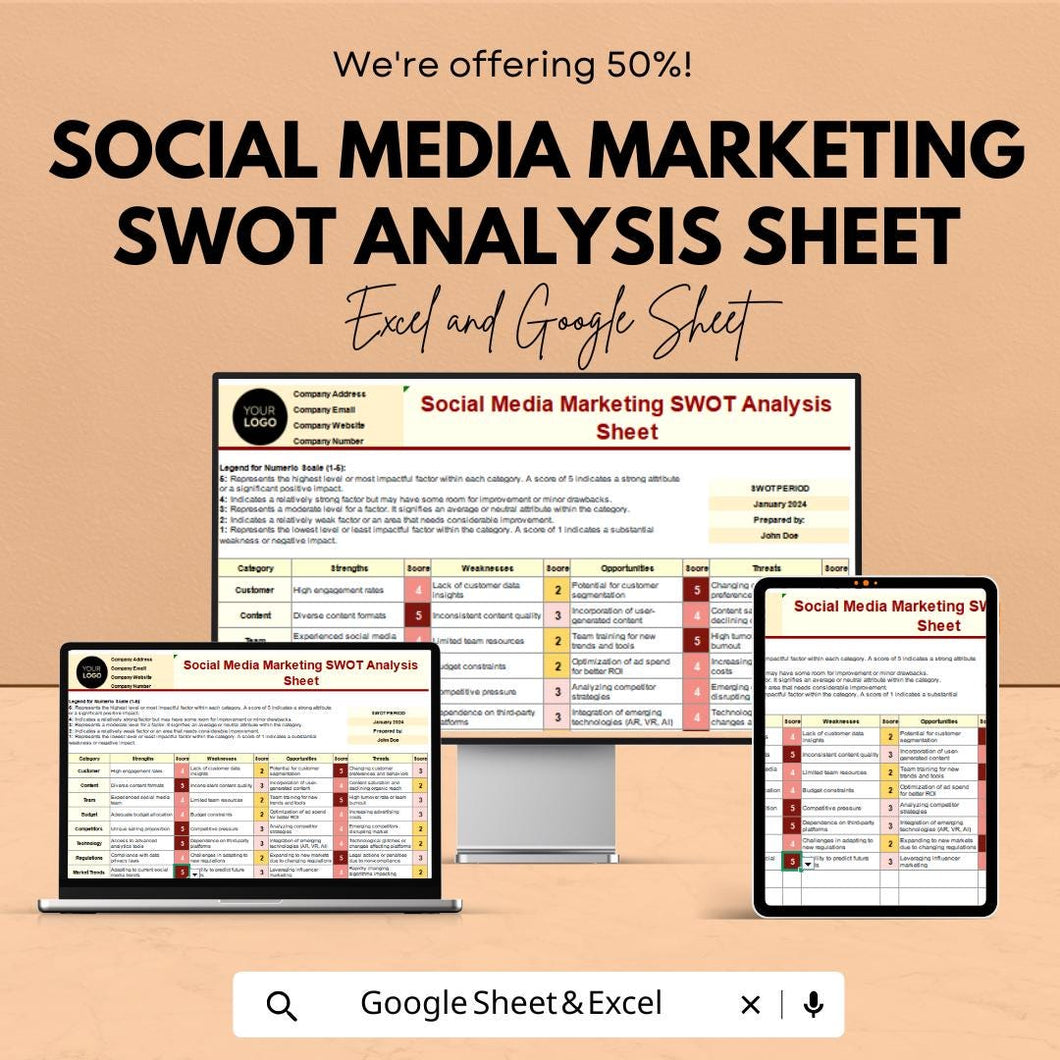 Social Media Marketing SWOT Analysis Sheet - Excel & Google Sheet Template for Strategy, Planning, and Performance