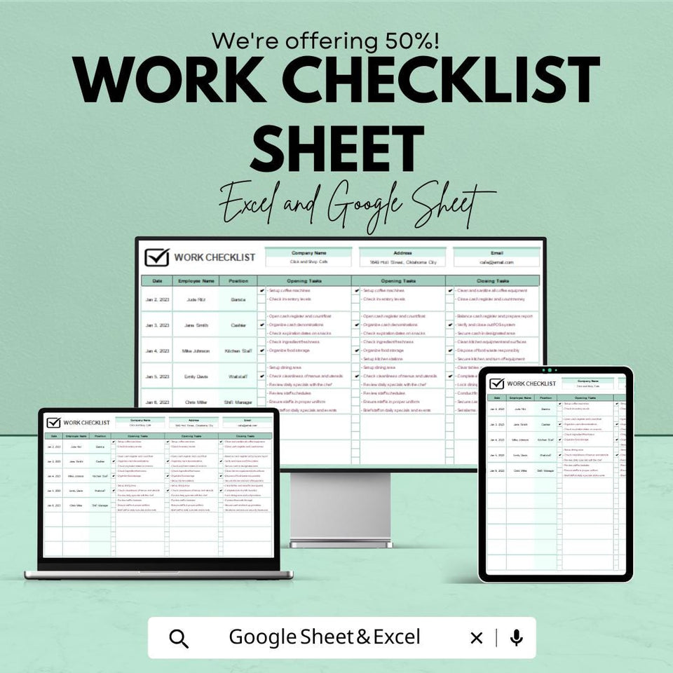 Work Checklist Template | Daily Task Sheet for Employees | Excel & Google Sheets | Job Tracker | Task Planner | Business Operations Log