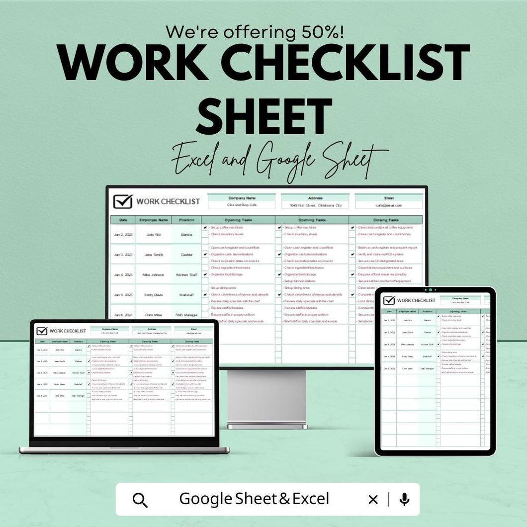 Work Checklist Template | Daily Task Sheet for Employees | Excel & Google Sheets | Job Tracker | Task Planner | Business Operations Log