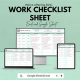 Work Checklist Template | Daily Task Sheet for Employees | Excel & Google Sheets | Job Tracker | Task Planner | Business Operations Log