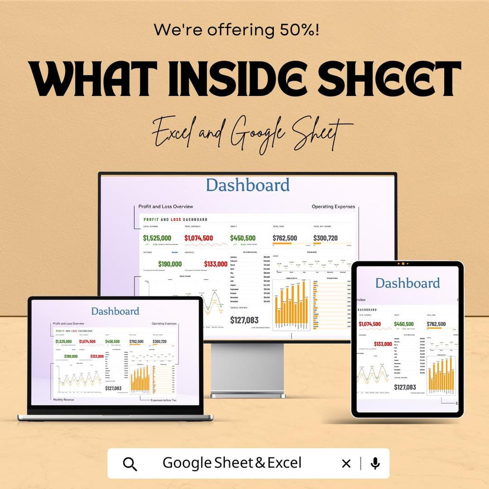 Profit and Loss Dashboard Sheet for Excel and Google Sheets | Financial Tracking Template | Budget, Revenue, Expense Planner |