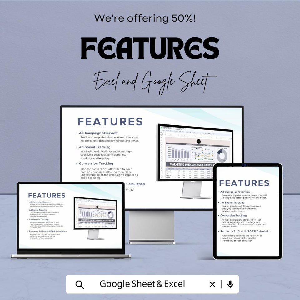Marketing Paid Ad Campaign ROI Calculator Sheet - Excel & Google Sheet for Ad Performance Analysis