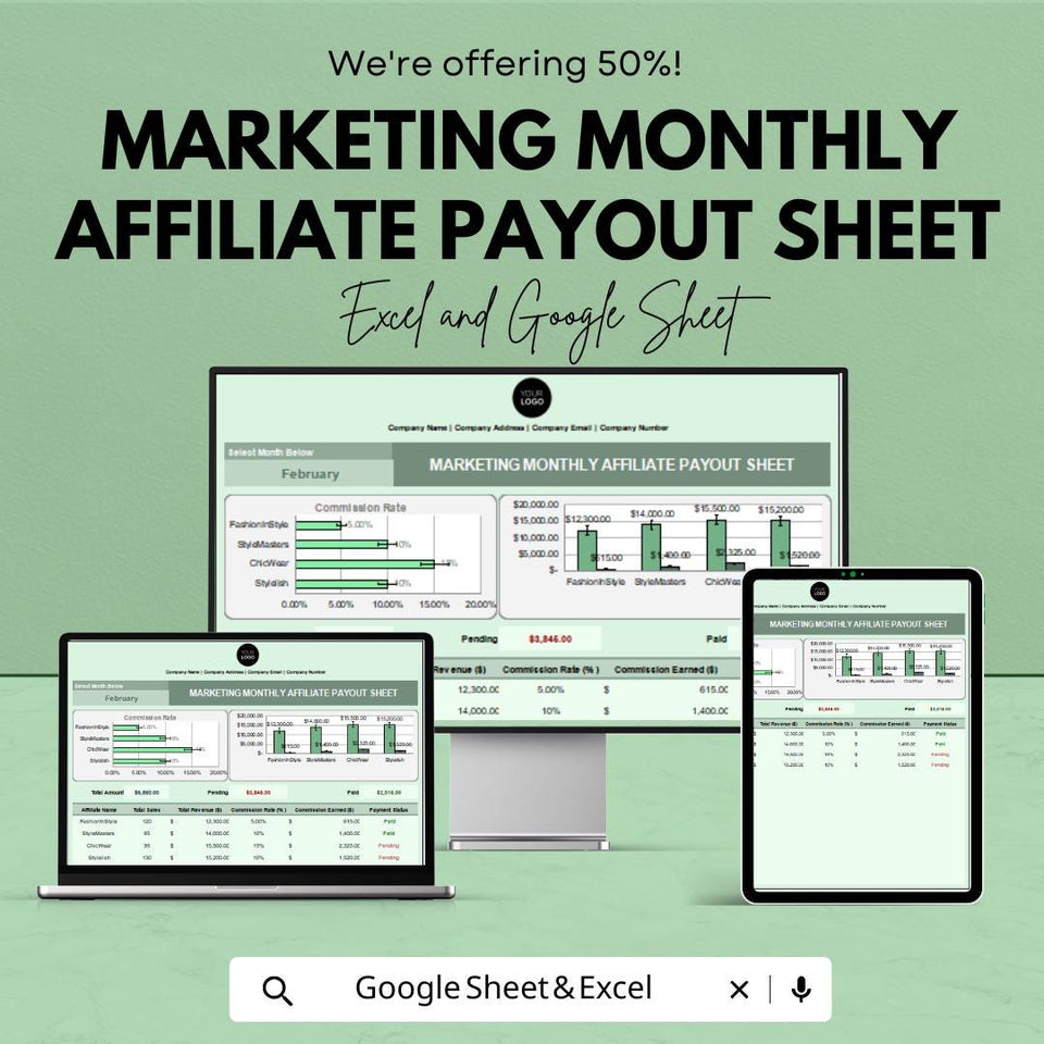 Marketing Monthly Affiliate Payout Sheet - Excel & Google Sheets Template for Tracking Affiliate Payments, Commission Payouts, and Earnings
