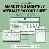 Marketing Monthly Affiliate Payout Sheet - Excel & Google Sheets Template for Tracking Affiliate Payments, Commission Payouts, and Earnings