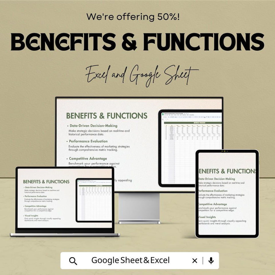Marketing Market Metrics Tracker Sheet -Google Sheet - Marketing ROI Dashboard - Track Website Traffic & Conversion - Marketing Performance