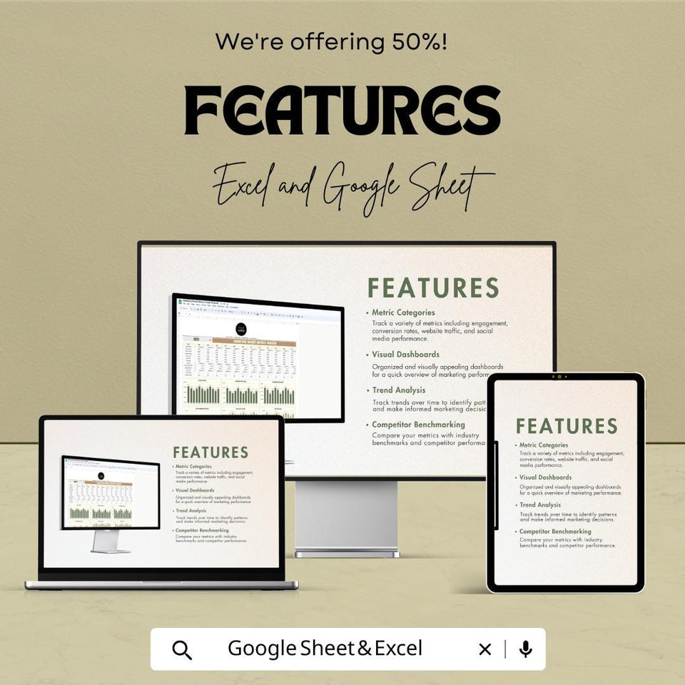 Marketing Market Metrics Tracker Sheet -Google Sheet - Marketing ROI Dashboard - Track Website Traffic & Conversion - Marketing Performance