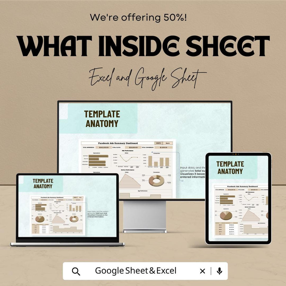 Facebook Ads Dashboard Template - Google Sheet for Facebook Advertising Insights - Marketing & ROI Tracker - Ads Performance Analysis Tool