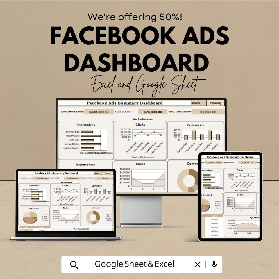 Facebook Ads Dashboard Template - Google Sheet for Facebook Advertising Insights - Marketing & ROI Tracker - Ads Performance Analysis Tool