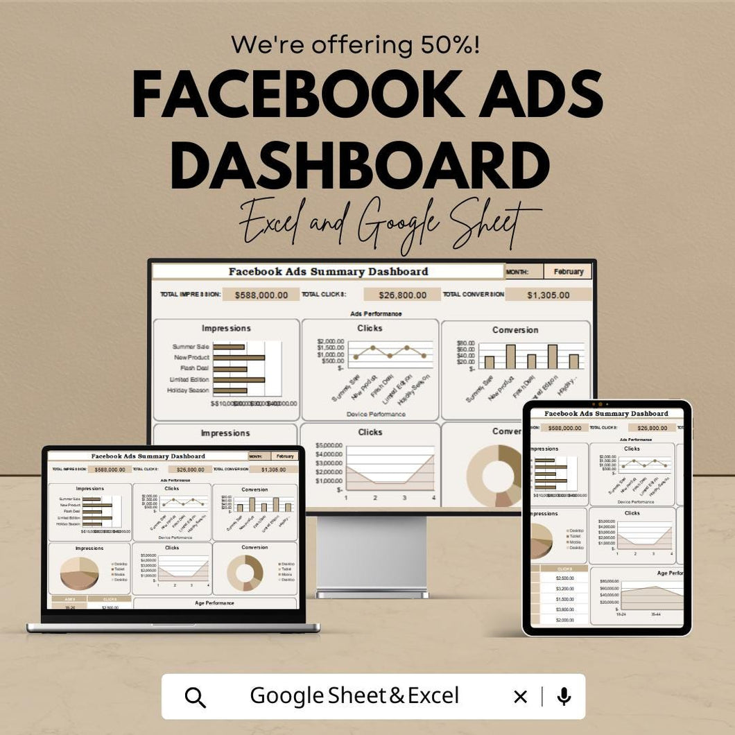 Facebook Ads Dashboard Template - Google Sheet for Facebook Advertising Insights - Marketing & ROI Tracker - Ads Performance Analysis Tool