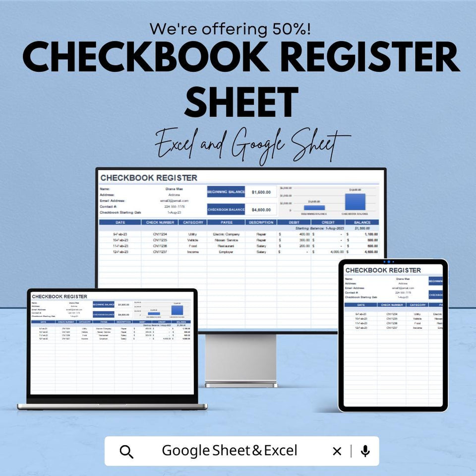Checkbook Register Sheet | Budget Management | Google Sheet Template | Track Transactions, Expenses & Balances | Personal Finance Organizer