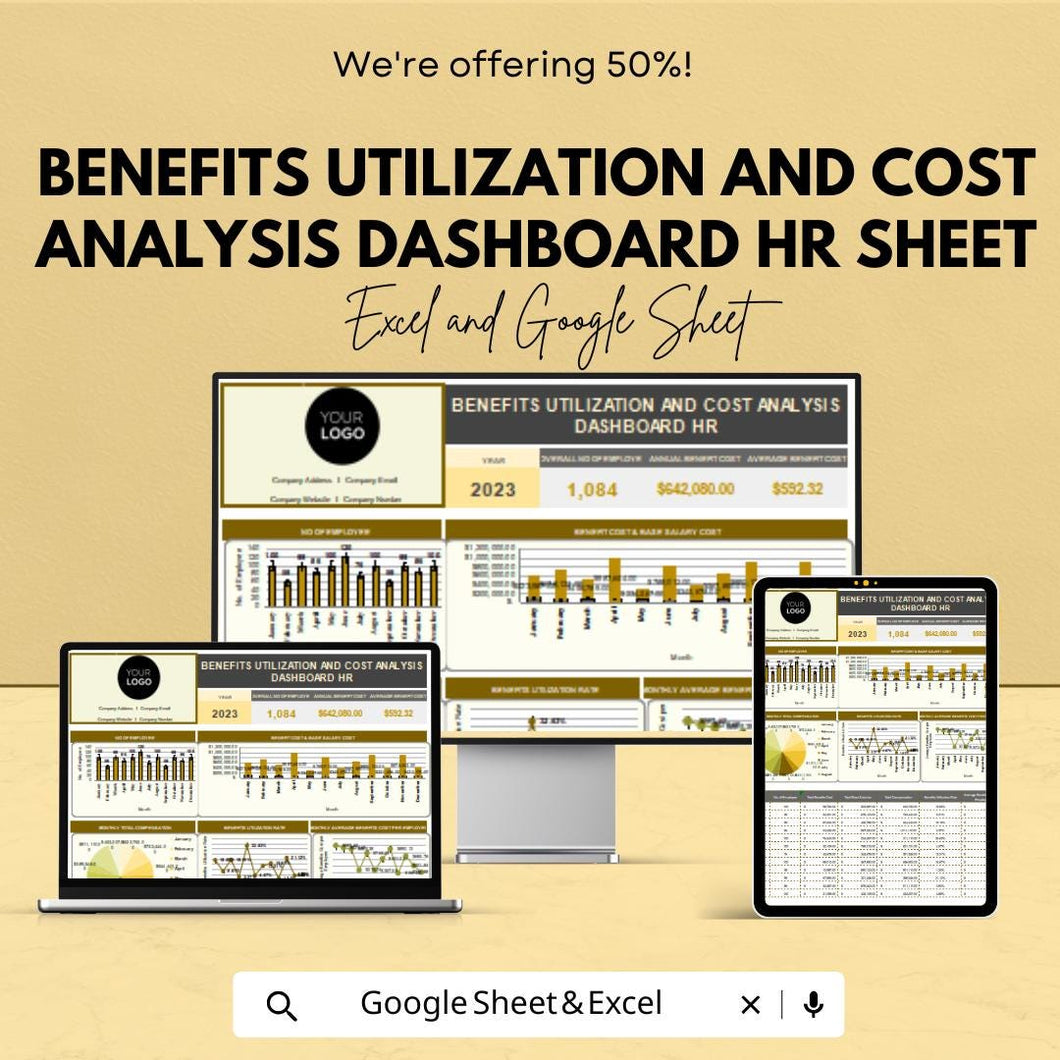 Benefits Utilization and Cost Analysis HR Dashboard | Excel & Google Sheet | HR Report Template | Business Metrics Spreadsheet