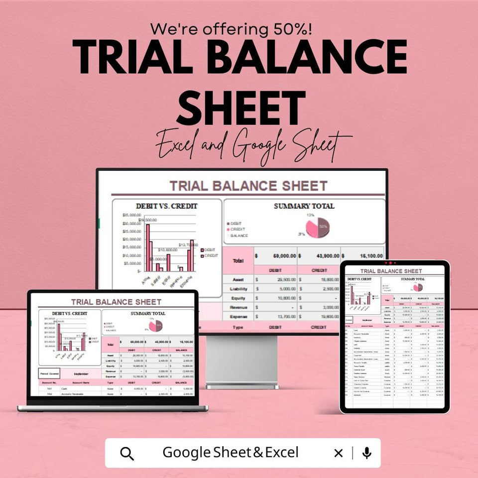 Trial Balance Sheet | Excel & Google Sheet Accounting Template | Summary Ledger with Charts | Business Finance Tracker Tool