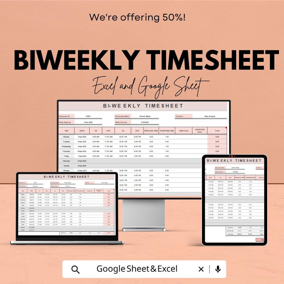 Biweekly Timesheet Template - Easy Excel & Google Sheet for Payroll Tracking, Time Management, and Task Logging