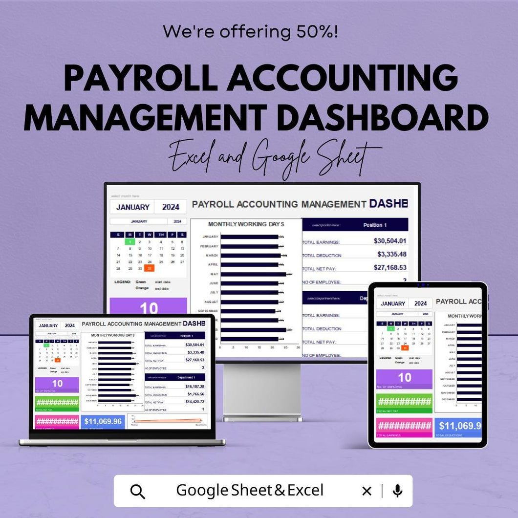Payroll Accounting Management Dashboard | Google Sheet | Budget Tracker & Payroll Management Tool | Track Earnings, Deductions and Taxes