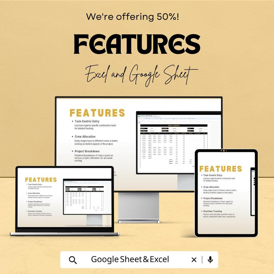 Construction Timesheet Template | Excel & Google Sheet | Track Hours, Crew, Costs | Project Management Spreadsheet
