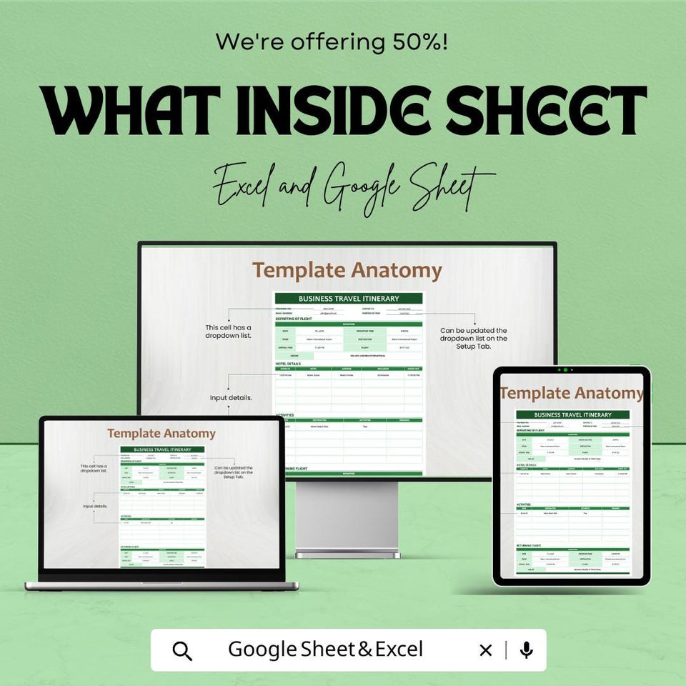 Business Travel Itinerary Template - Excel & Google Sheets - Easy-to-Use Travel Planner for Corporate Trips - Downloadable Template