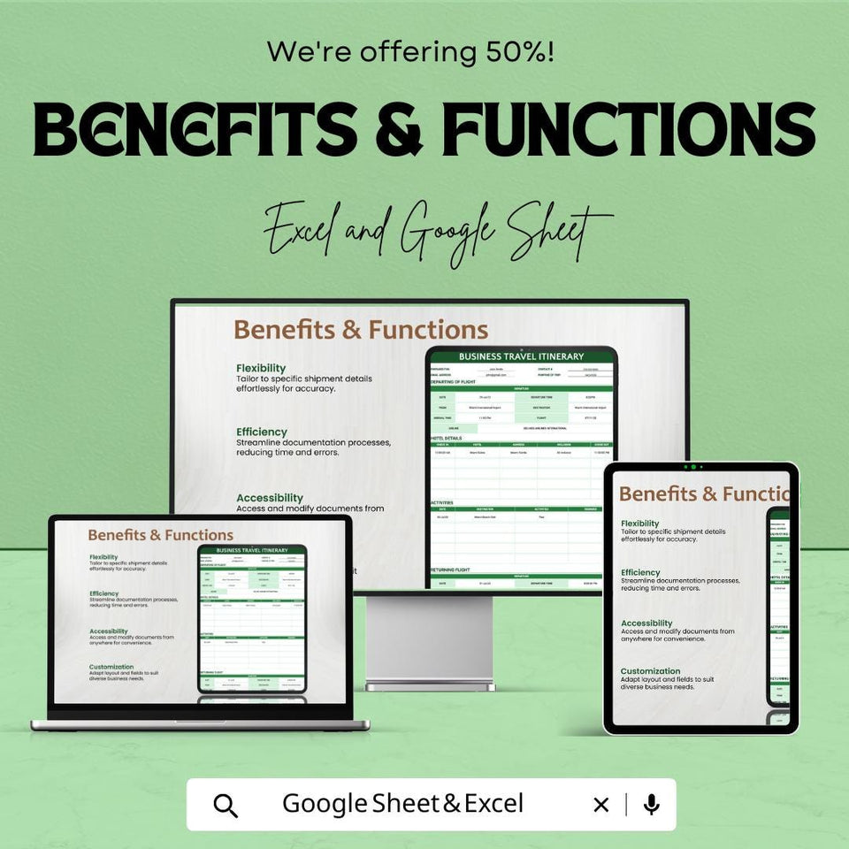 Business Travel Itinerary Template - Excel & Google Sheets - Easy-to-Use Travel Planner for Corporate Trips - Downloadable Template