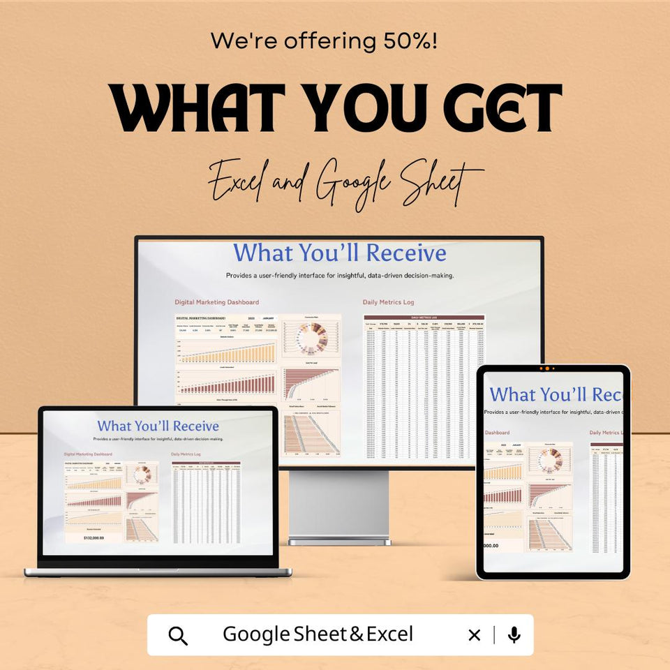 Digital Marketing Dashboard Excel and Google Sheet | Real-Time Analytics, KPI Tracker, Marketing Performance Dashboard