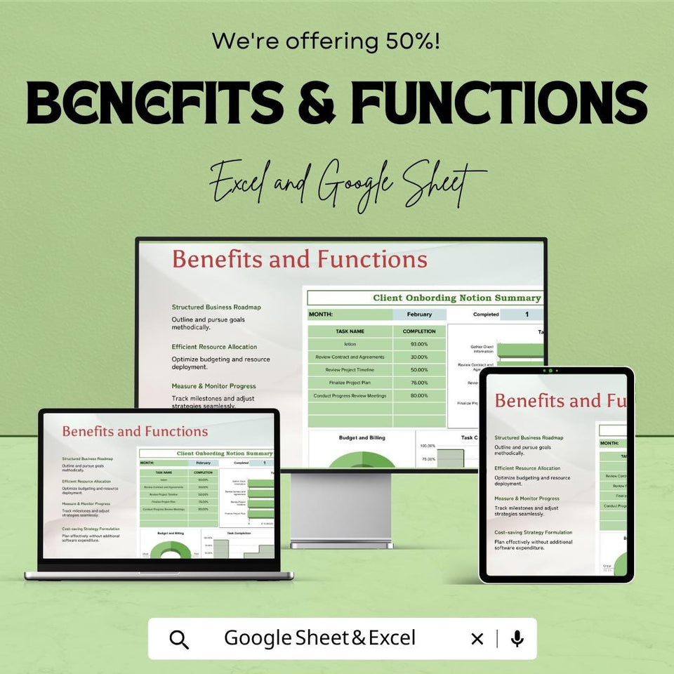 Client Onboarding Notion Dashboard Sheet | Excel and Google Sheets | Project Management Tool | Budgeting & Task Tracking