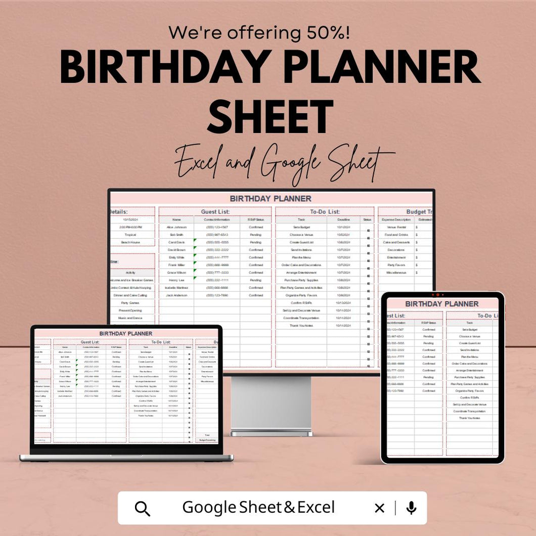 Birthday Planner Sheet - Excel & Google Sheet - Organize Guest List, To-Do List, Budget - Perfect for Planning Memorable Birthday Parties