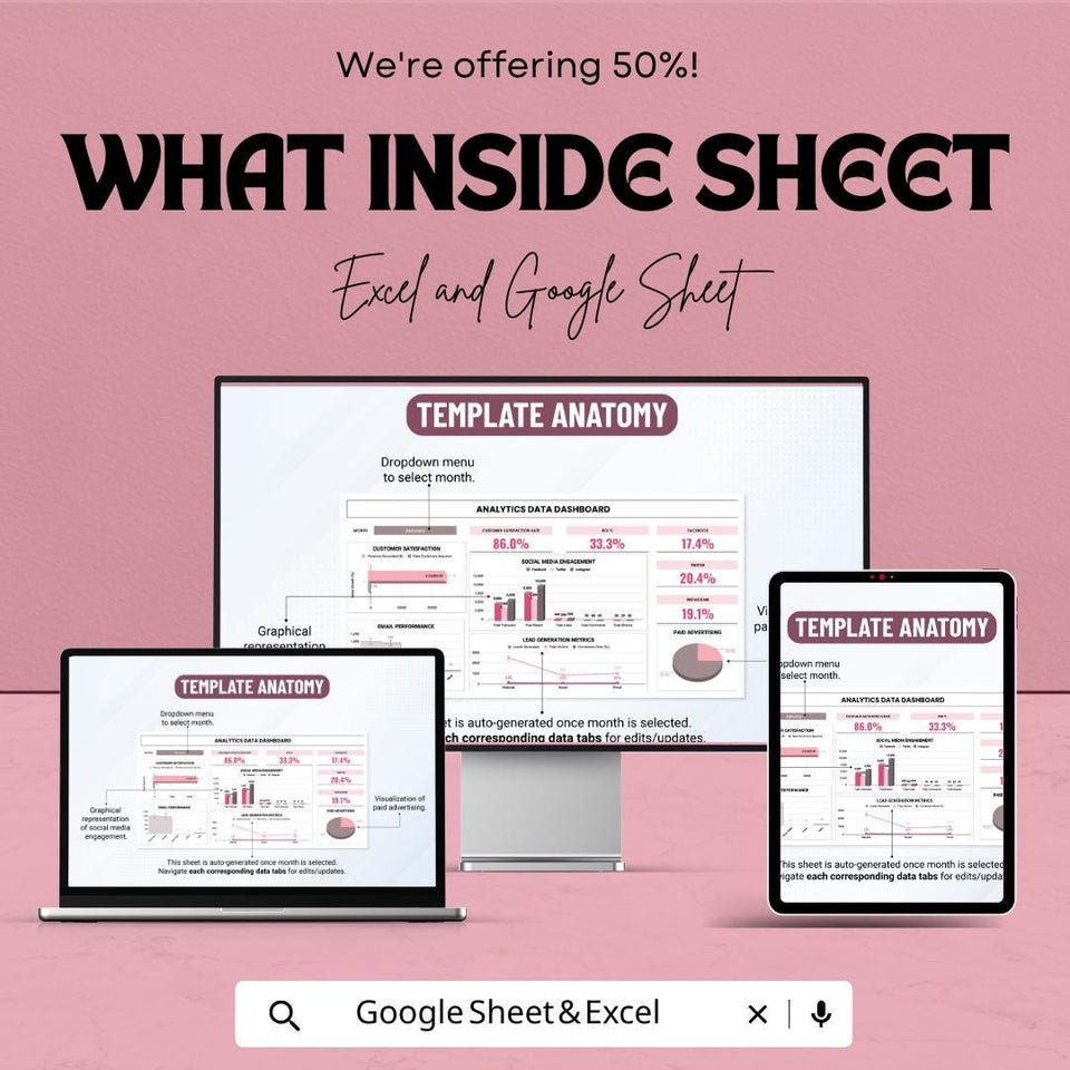 Analytics Data Dashboard - Track Metrics, Social Media, and Lead Generation Performance in Excel & Google Sheets